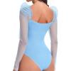 imageFloerns Womens Puff Sleeve Square Neck Mesh Surplice Ruched Bodysuit Tops JumpsuitsPlain Blue