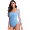 imageFloerns Womens Puff Sleeve Square Neck Mesh Surplice Ruched Bodysuit Tops JumpsuitsPlain Blue