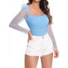 imageFloerns Womens Puff Sleeve Square Neck Mesh Surplice Ruched Bodysuit Tops JumpsuitsPlain Blue