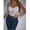 imageFloerns Womens Puff Sleeve Square Neck Mesh Surplice Ruched Bodysuit Tops JumpsuitsWhite Floral