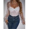 imageFloerns Womens Puff Sleeve Square Neck Mesh Surplice Ruched Bodysuit Tops JumpsuitsWhite Floral