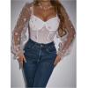 imageFloerns Womens Puff Sleeve Square Neck Mesh Surplice Ruched Bodysuit Tops JumpsuitsWhite Floral