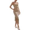 imageFloerns Womens Asymmetrical Fringe Hem Sleeveless Bodycon Party Long DressKhaki Solid