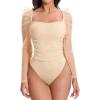 imageFloerns Womens Puff Sleeve Square Neck Mesh Surplice Ruched Bodysuit Tops JumpsuitsApricot