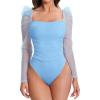 imageFloerns Womens Puff Sleeve Square Neck Mesh Surplice Ruched Bodysuit Tops JumpsuitsPlain Blue