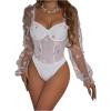 imageFloerns Womens Puff Sleeve Square Neck Mesh Surplice Ruched Bodysuit Tops JumpsuitsWhite Floral