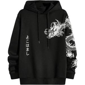 imageFloerns Mens Letter Graphic Print Lightweight Hoodies Long Sleeve Drawstring Pullover Sweatshirts With PocketsBlack Dragon