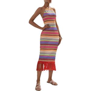 imageFloerns Womens Asymmetrical Fringe Hem Sleeveless Bodycon Party Long DressCoral Orange