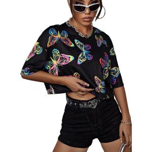 imageFloerns Womens Casual Reflective Short Sleeve Round Neck Crop Tops T ShirtsBlack