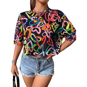 imageFloerns Womens Casual Reflective Short Sleeve Round Neck Crop Tops T ShirtsBlack Heart