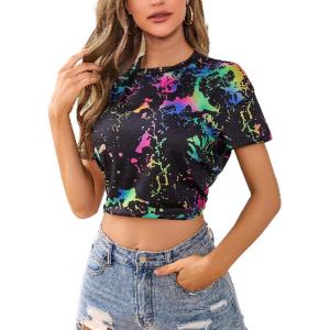 imageFloerns Womens Casual Reflective Short Sleeve Round Neck Crop Tops T ShirtsBlack Multi