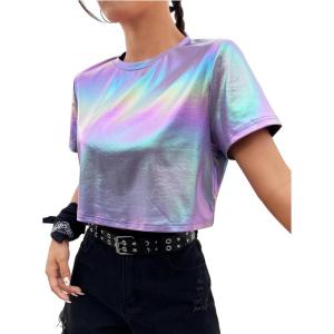 imageFloerns Womens Casual Reflective Short Sleeve Round Neck Crop Tops T ShirtsBlue