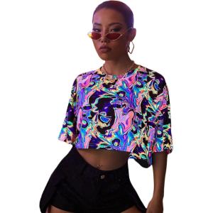 imageFloerns Womens Casual Reflective Short Sleeve Round Neck Crop Tops T ShirtsMulti