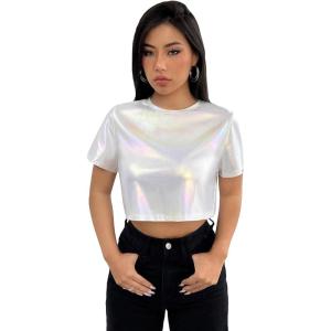 imageFloerns Womens Casual Reflective Short Sleeve Round Neck Crop Tops T ShirtsWhite