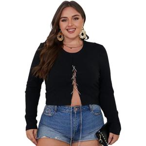 imageFloerns Womens Plus Size Rhinestone Lace Up Front Short Sleeve Tee ShirtsBlack Long