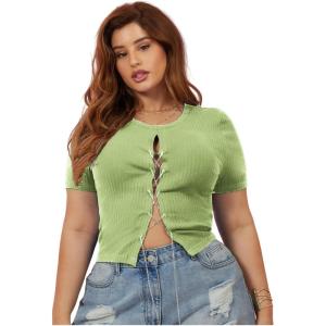 imageFloerns Womens Plus Size Rhinestone Lace Up Front Short Sleeve Tee ShirtsGreen
