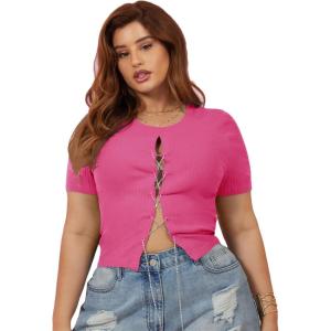 imageFloerns Womens Plus Size Rhinestone Lace Up Front Short Sleeve Tee ShirtsHot Pink