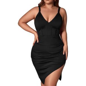 imageFloerns Womens Plus Size Sleeveless Asymmetrical Hem Split Thigh Bodycon DressBlack