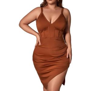 imageFloerns Womens Plus Size Sleeveless Asymmetrical Hem Split Thigh Bodycon DressCoffee Brown