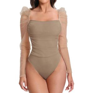 imageFloerns Womens Puff Sleeve Square Neck Mesh Surplice Ruched Bodysuit Tops JumpsuitsMocha Brown