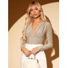 imageFloerns Womens Ruched Front Deep V Neck Leotard Top Long Sleeve Glitter BodysuitApricot