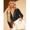 imageFloerns Womens Ruched Front Deep V Neck Leotard Top Long Sleeve Glitter BodysuitBlack