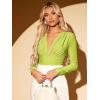 imageFloerns Womens Ruched Front Deep V Neck Leotard Top Long Sleeve Glitter BodysuitLime Green