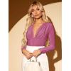 imageFloerns Womens Ruched Front Deep V Neck Leotard Top Long Sleeve Glitter BodysuitPurple