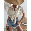 imageFloerns Womens Sheer Mesh Button Up Short Sleeve Shirt See Through Blouse TopsBeige
