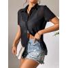 imageFloerns Womens Sheer Mesh Button Up Short Sleeve Shirt See Through Blouse TopsBlack Sheer