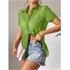 imageFloerns Womens Sheer Mesh Button Up Short Sleeve Shirt See Through Blouse TopsGreen Plain