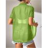 imageFloerns Womens Sheer Mesh Button Up Short Sleeve Shirt See Through Blouse TopsGreen Plain
