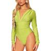 imageFloerns Womens Ruched Front Deep V Neck Leotard Top Long Sleeve Glitter BodysuitLime Green