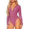 imageFloerns Womens Ruched Front Deep V Neck Leotard Top Long Sleeve Glitter BodysuitPurple