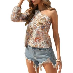 imageFloerns Womens Boho One Shoulder Vintage Floral Print Long Sleeve Blouse TopA Multicolor