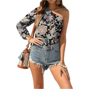 imageFloerns Womens Boho One Shoulder Vintage Floral Print Long Sleeve Blouse TopBlack