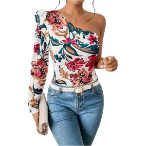 imageFloerns Womens Boho One Shoulder Vintage Floral Print Long Sleeve Blouse TopMulticolor Red