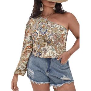 imageFloerns Womens Boho One Shoulder Vintage Floral Print Long Sleeve Blouse TopMulticolor Rr