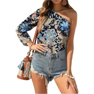 imageFloerns Womens Boho One Shoulder Vintage Floral Print Long Sleeve Blouse TopRoyal Blue