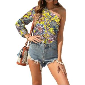 imageFloerns Womens Boho One Shoulder Vintage Floral Print Long Sleeve Blouse TopYellow