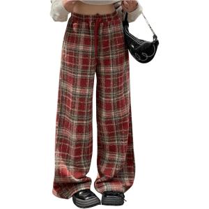 imageFloerns Womens Plaid Print Elastic Waist Sleepwear Pajama Bottom PantsRed Brown Multi