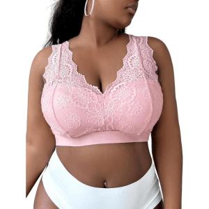 imageFloerns Womens Plus Size Double V Neck Wide Strap Floral Lace BraletteLight Pink