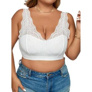 imageFloerns Womens Plus Size Double V Neck Wide Strap Floral Lace BraletteWhite