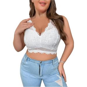 imageFloerns Womens Plus Size Double V Neck Wide Strap Floral Lace BraletteWhite Lace