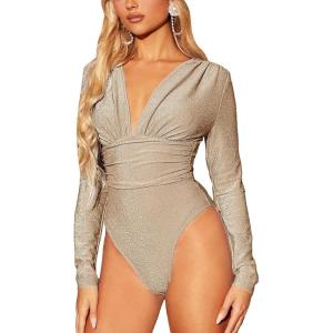 imageFloerns Womens Ruched Front Deep V Neck Leotard Top Long Sleeve Glitter BodysuitApricot