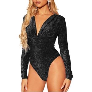 imageFloerns Womens Ruched Front Deep V Neck Leotard Top Long Sleeve Glitter BodysuitBlack