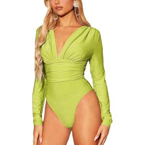 imageFloerns Womens Ruched Front Deep V Neck Leotard Top Long Sleeve Glitter BodysuitLime Green
