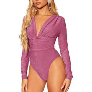 imageFloerns Womens Ruched Front Deep V Neck Leotard Top Long Sleeve Glitter BodysuitPurple