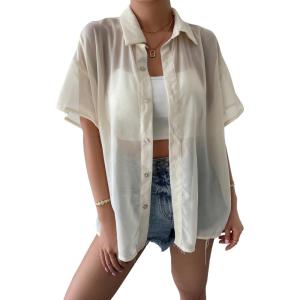 imageFloerns Womens Sheer Mesh Button Up Short Sleeve Shirt See Through Blouse TopsBeige