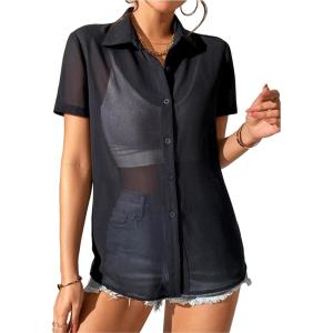 imageFloerns Womens Sheer Mesh Button Up Short Sleeve Shirt See Through Blouse TopsBlack Sheer